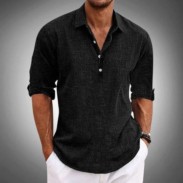 Smart casual men's long sleeve Henley shirt with a comfortable relaxed fit. Versatile for spring, summer, and everyday wear.