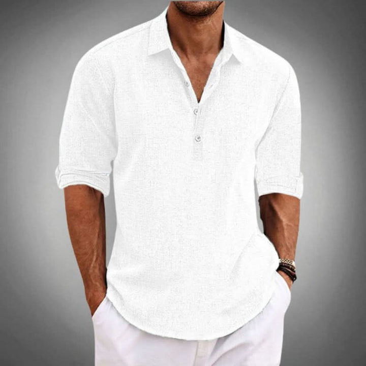 Versatile men's long sleeve Henley shirt, relaxed fit, suitable for casual, smart casual, spring & summer everyday wear.