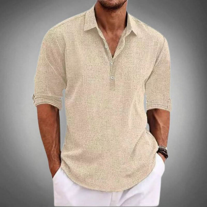 Casual men's long sleeve Henley shirt, relaxed fit. A comfortable and versatile top for summer, spring, and daily wear.