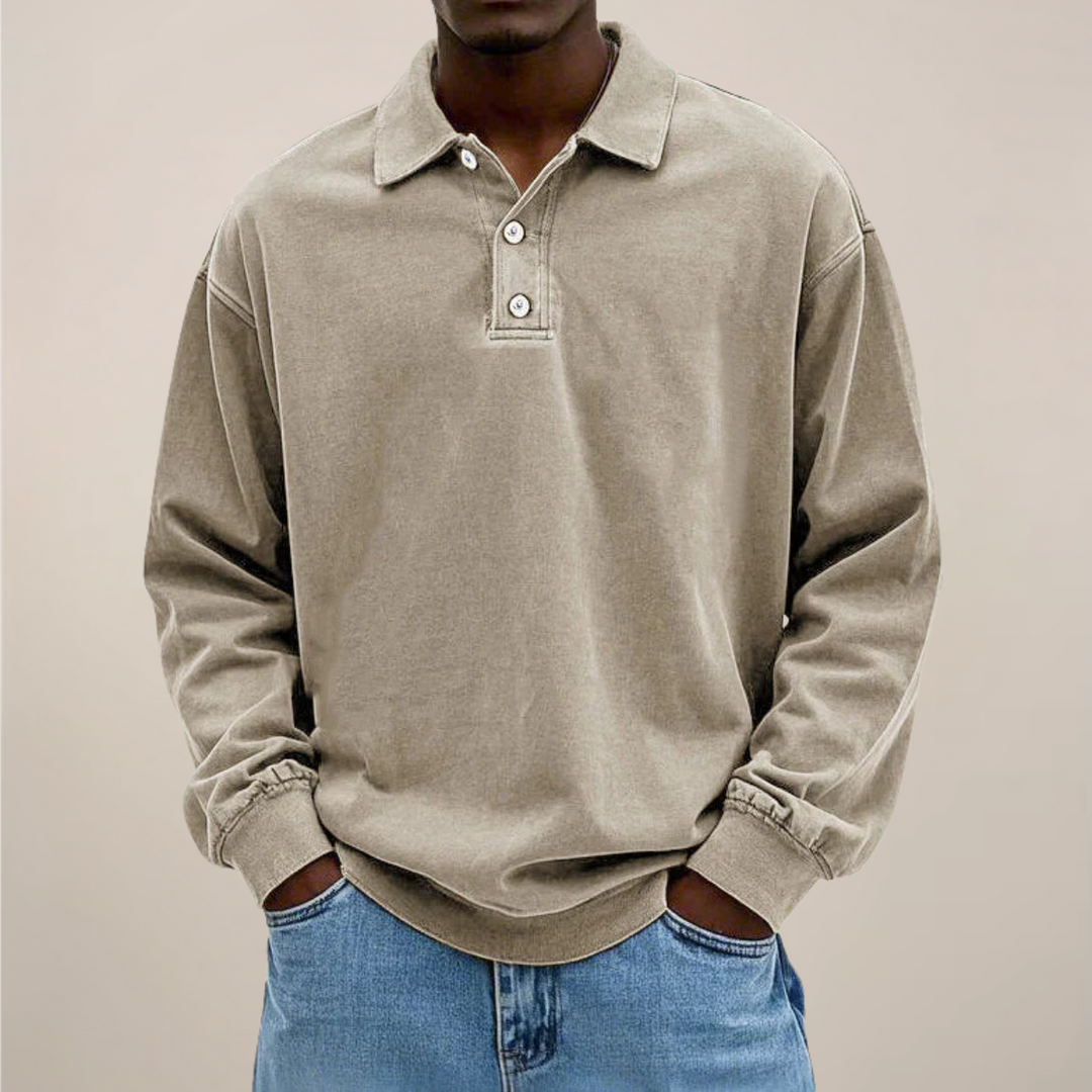 Versatile long sleeve men's polo shirt top. Relaxed fit, perfect for smart casual and everyday fashion.