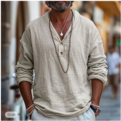 Men's relaxed fit long sleeve stand-up collar shirt, ideal for casual summer style & travel wear. Versatile button-up.