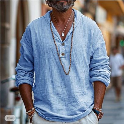 Stylish men's stand-up collar summer shirt with a relaxed fit. Great for smart casual, everyday wear & effortless style.