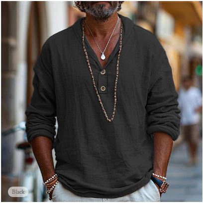 Comfortable men's long sleeve relaxed fit summer shirt with a modern stand-up collar. Ideal for travel & warm weather.