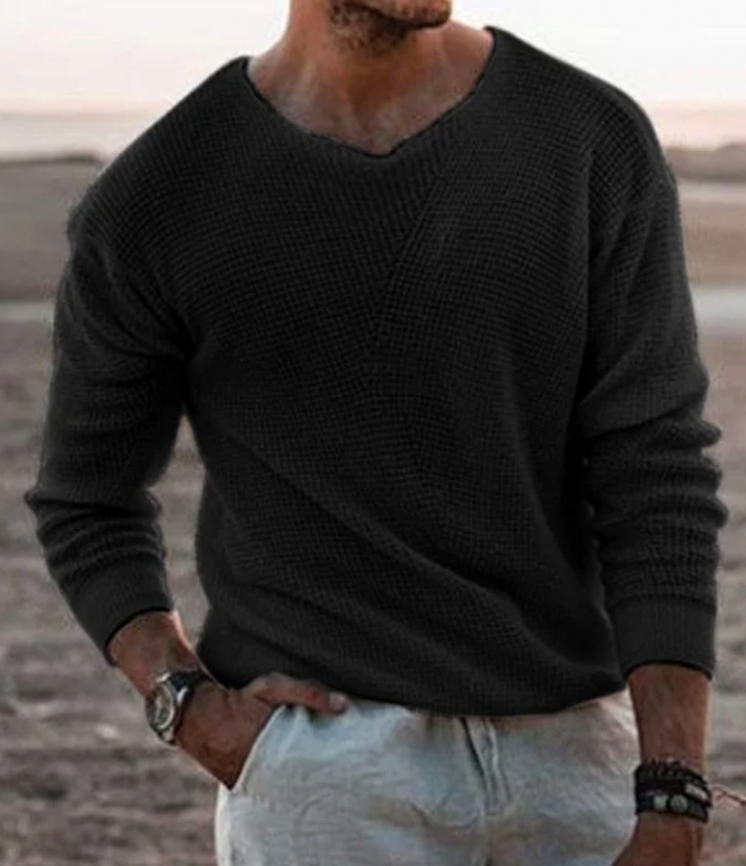 Cozy men's waffle knit long-sleeve sweater, a relaxed fit jumper ideal for fall and winter comfort.