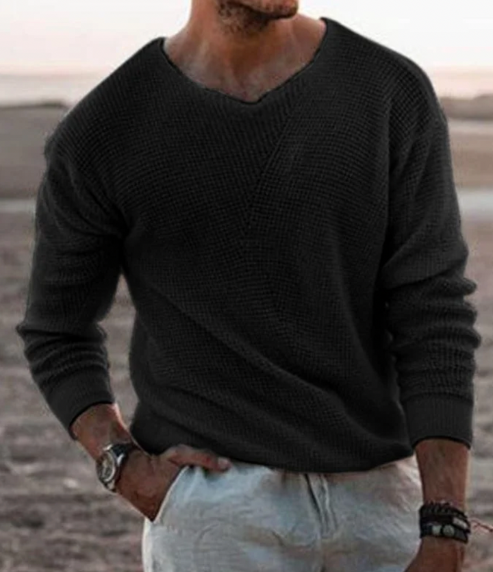Cozy men's waffle knit long-sleeve sweater, a relaxed fit jumper ideal for fall and winter comfort.