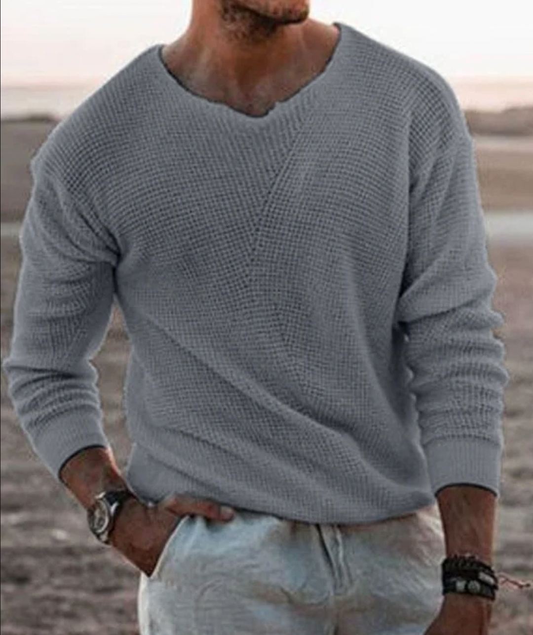 Stylish men's relaxed fit long-sleeve waffle knit sweater for comfortable fall fashion & winter warmth.