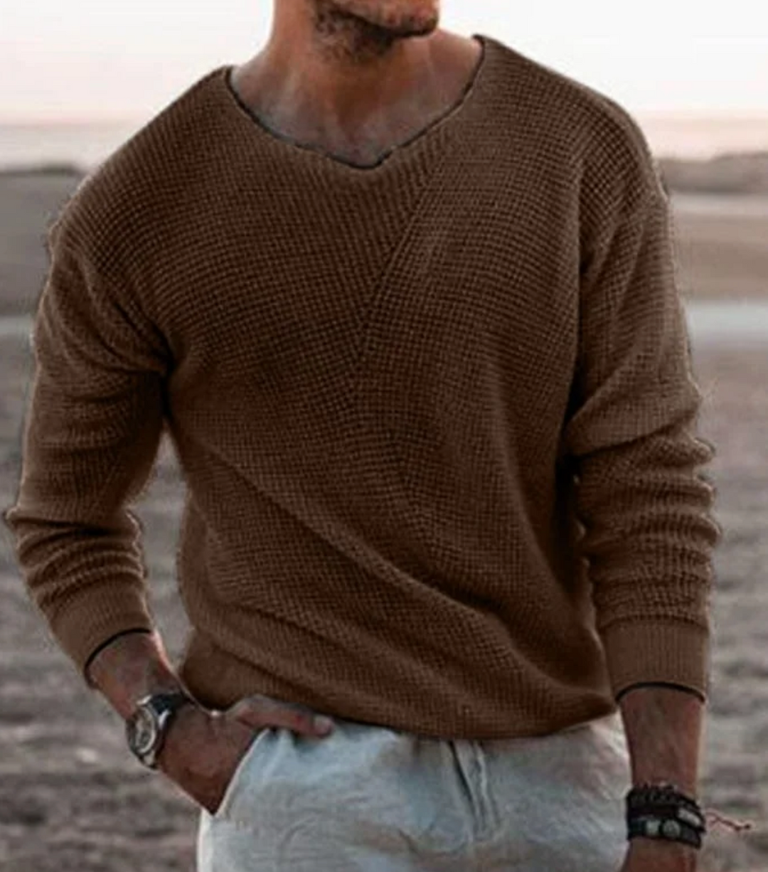 Men's comfortable long-sleeve waffle knit jumper, a relaxed fit pullover for casual layering.