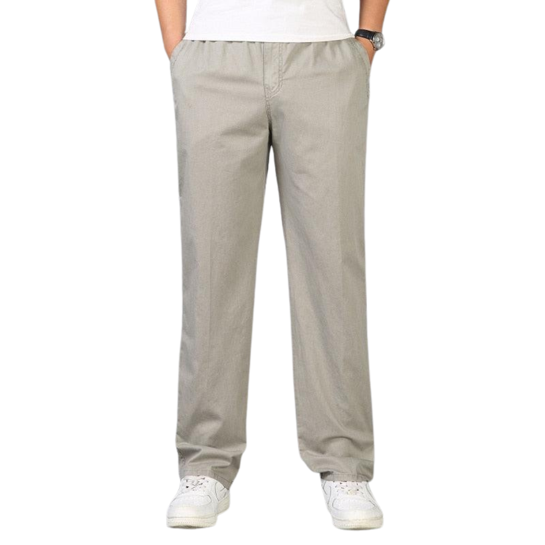 Men's relaxed fit pull-on chino pants. Comfortable, straight leg casual trousers with elastic waist for everyday wear.