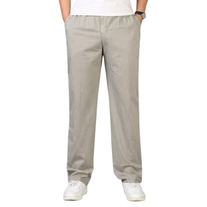Men's relaxed fit pull-on chino pants. Comfortable, straight leg casual trousers with elastic waist for everyday wear.