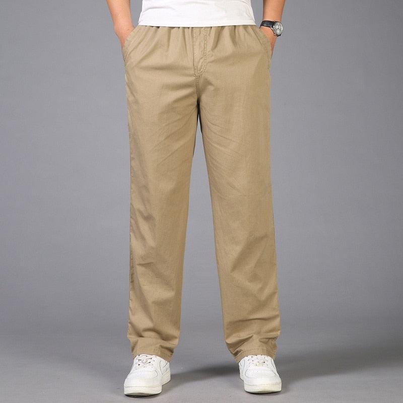 Everyday men's relaxed fit pull-on chino pants. Versatile casual trousers with straight leg & elastic waist.