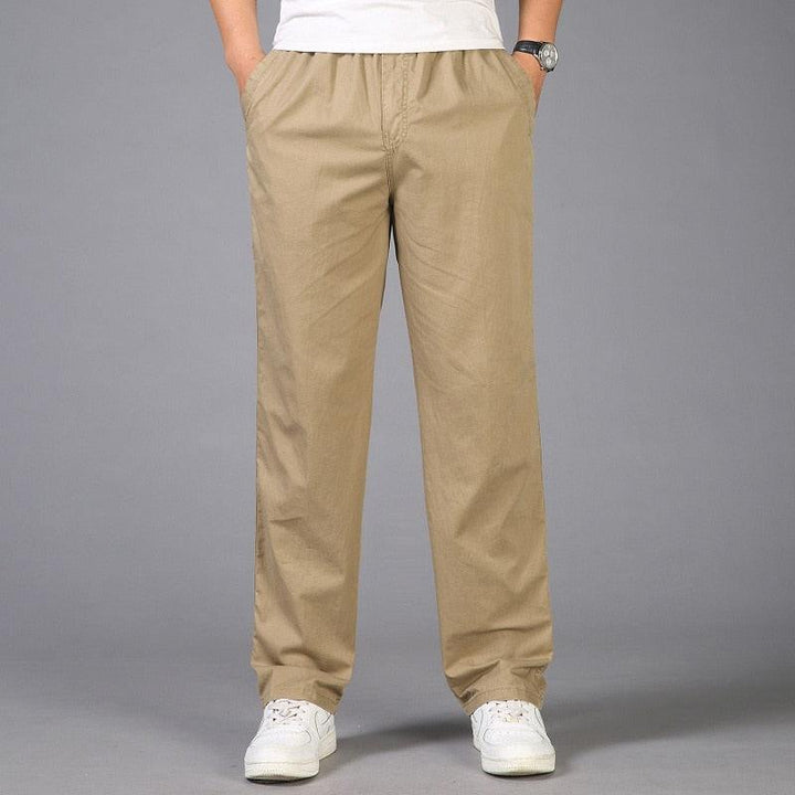 Everyday men's relaxed fit pull-on chino pants. Versatile casual trousers with straight leg & elastic waist.