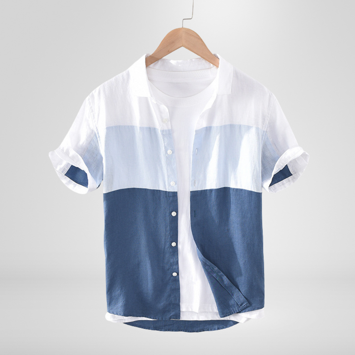Men's relaxed fit short sleeve shirt with modern contrast panel design, perfect for casual summer wear.