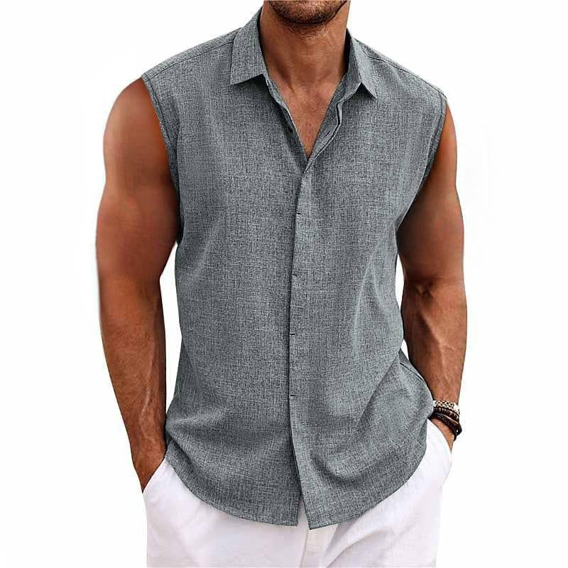 Men's relaxed fit sleeveless button-down shirt, perfect for casual summer wear and vacation.