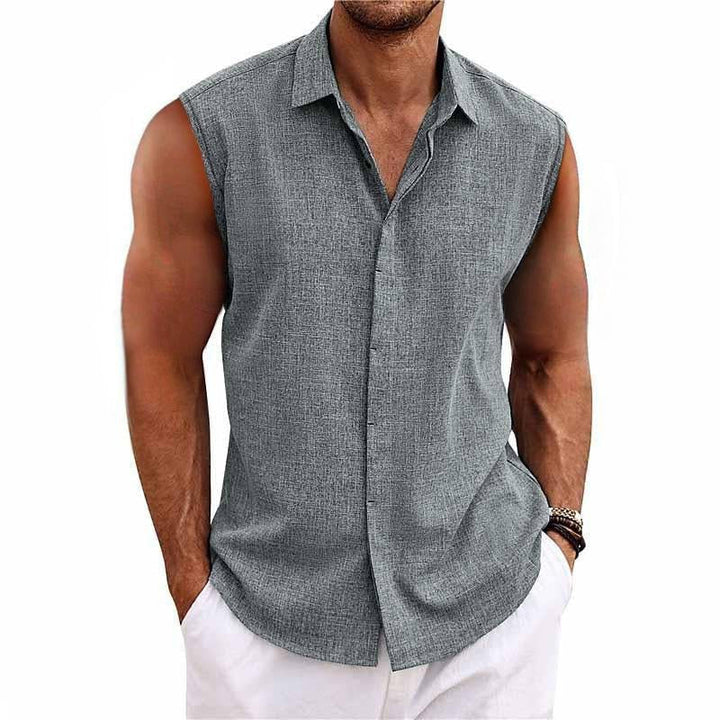 Men's relaxed fit sleeveless button-down shirt, perfect for casual summer wear and vacation.