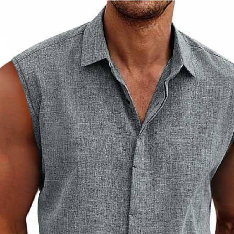 Lightweight men's sleeveless button-down shirt for beach fashion, relaxed fit casual top.