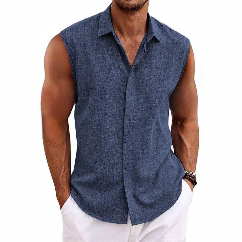 Stylish men's button-down sleeveless shirt, relaxed fit, great for warm weather and beach days.