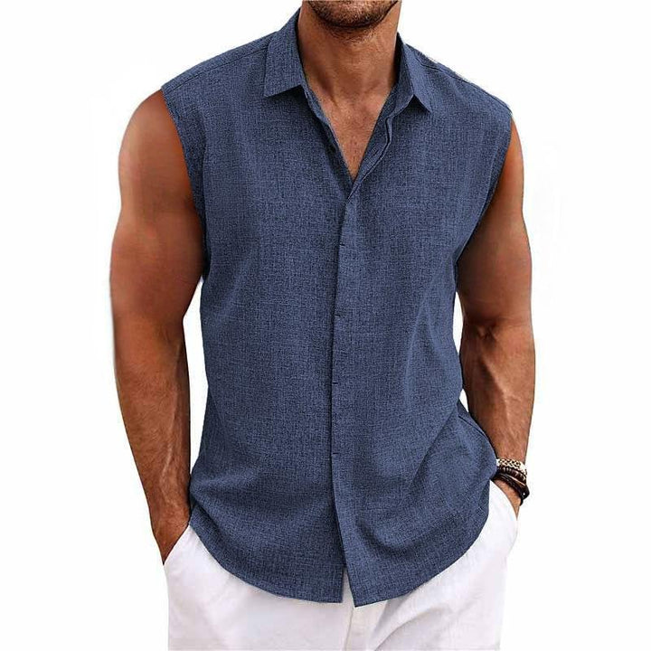 Stylish men's button-down sleeveless shirt, relaxed fit, great for warm weather and beach days.