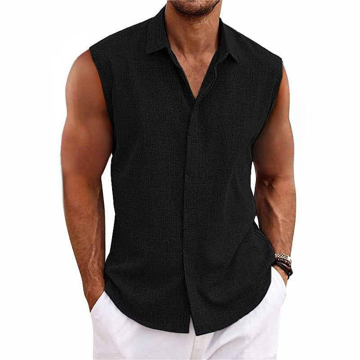 Comfortable men's relaxed fit sleeveless button-down shirt; versatile casual and summer fashion.