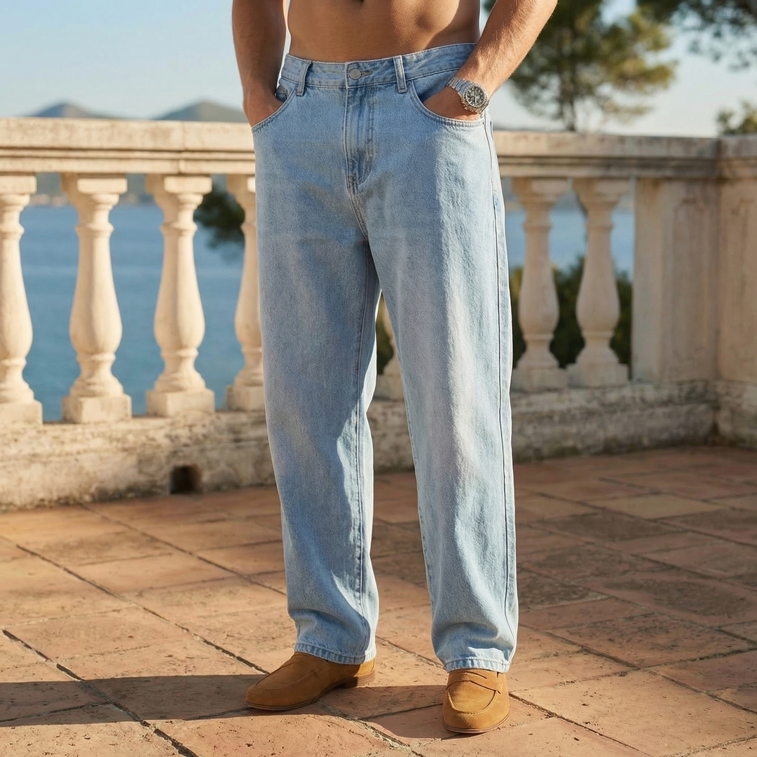 Versatile men's relaxed fit straight leg denim jeans, perfect casual bottoms for everyday style.