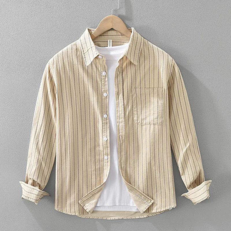 Men's relaxed fit striped button-up shirt in blue and white, perfect for casual everyday wear. Long sleeve collared top.