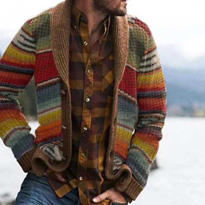 Men's relaxed fit striped cardigan with vibrant colorful stripes, perfect for casual fall winter layering & fashion.