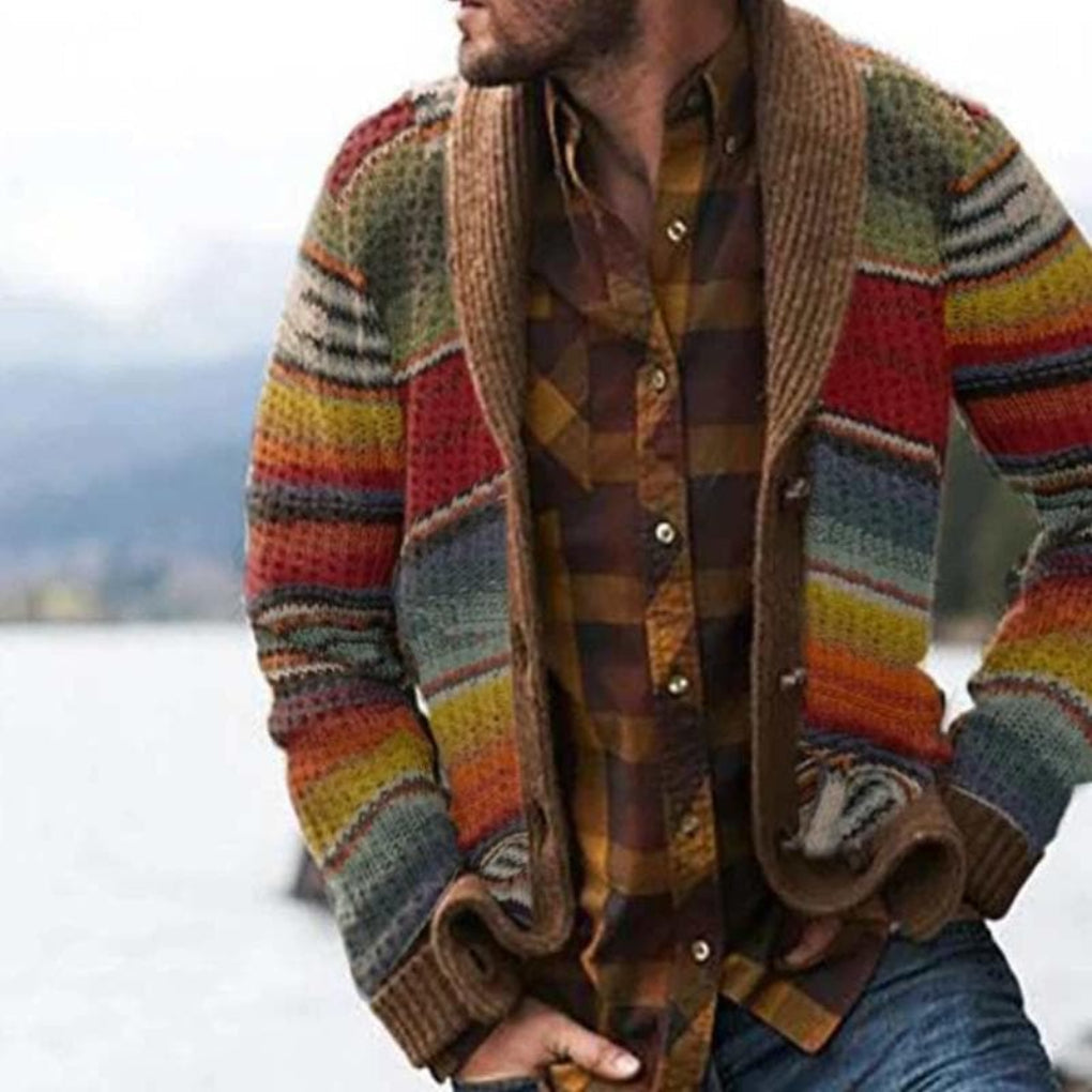 Comfortable men's striped sweater, relaxed fit open-front cardigan featuring colorful knitwear for fall fashion.