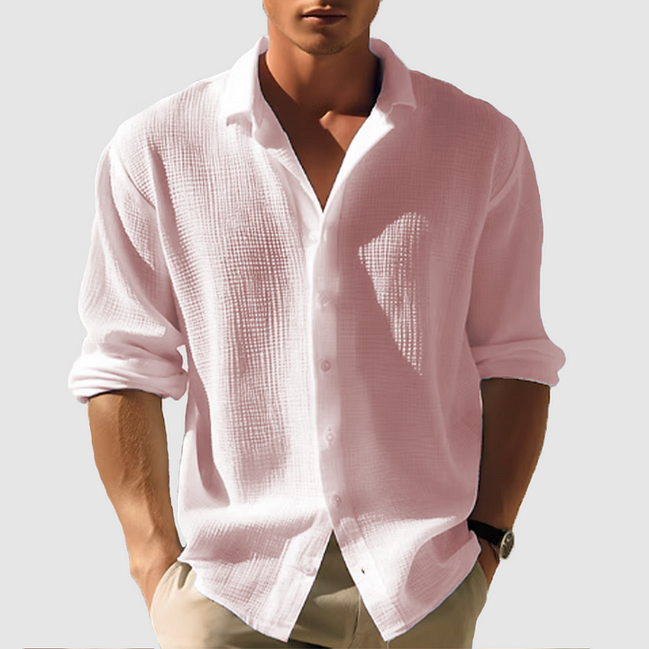 Relaxed fit men's button-down long sleeve shirt, casual summer style for outdoor activities & everyday wear.