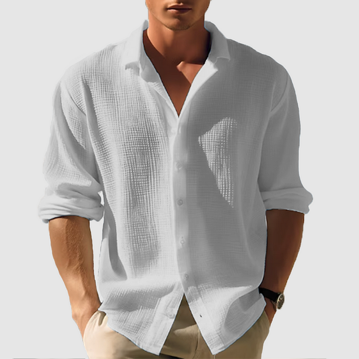 Stylish men's relaxed fit button-down summer shirt, long sleeve for breathable comfort & casual fashion.