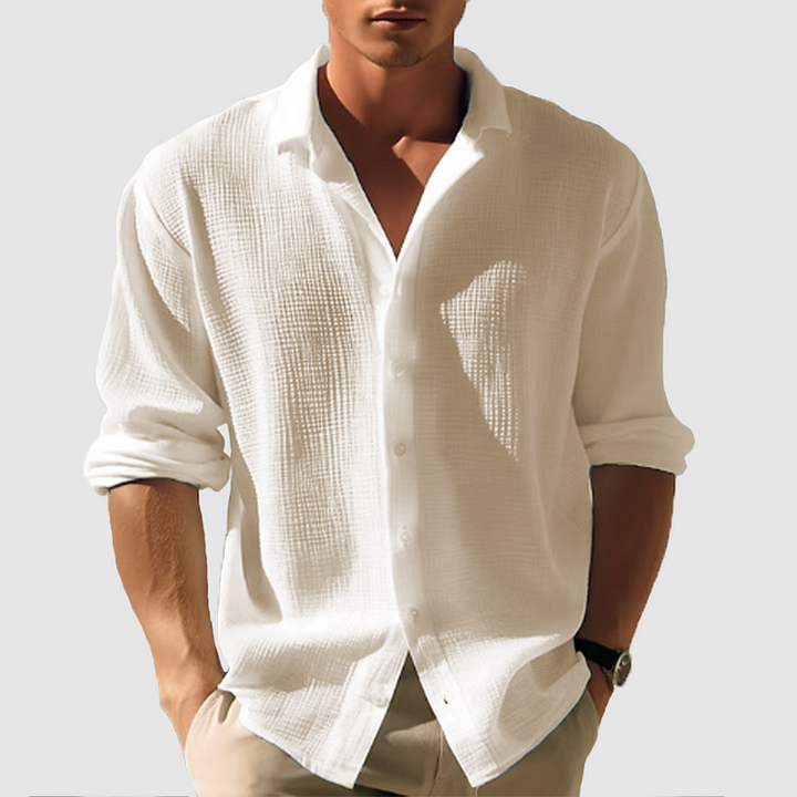Men's fashion summer button-down shirt, relaxed long sleeve for breezy comfort & modern vacation style.