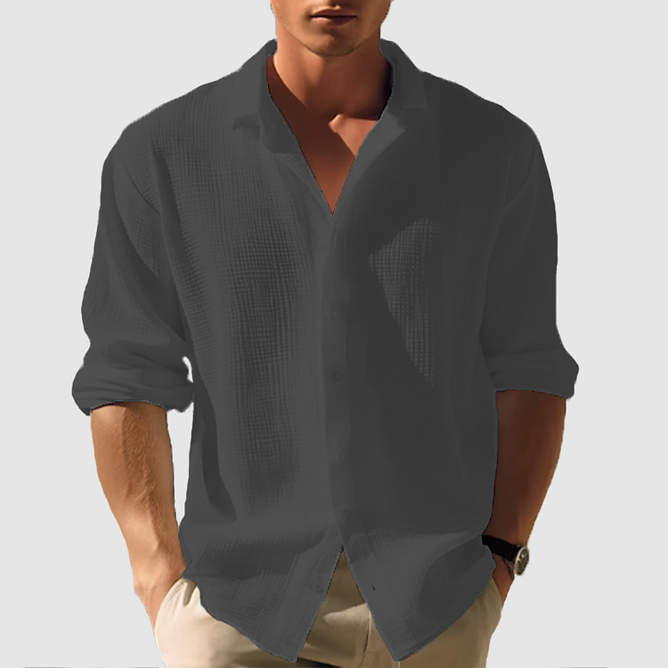 Cool men's summer long sleeve button-down shirt, relaxed fit, perfect for beach, vacation, or casual style.