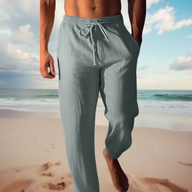 Lightweight men's summer pants, relaxed fit fabric ensures breathability and effortless warm-weather style.