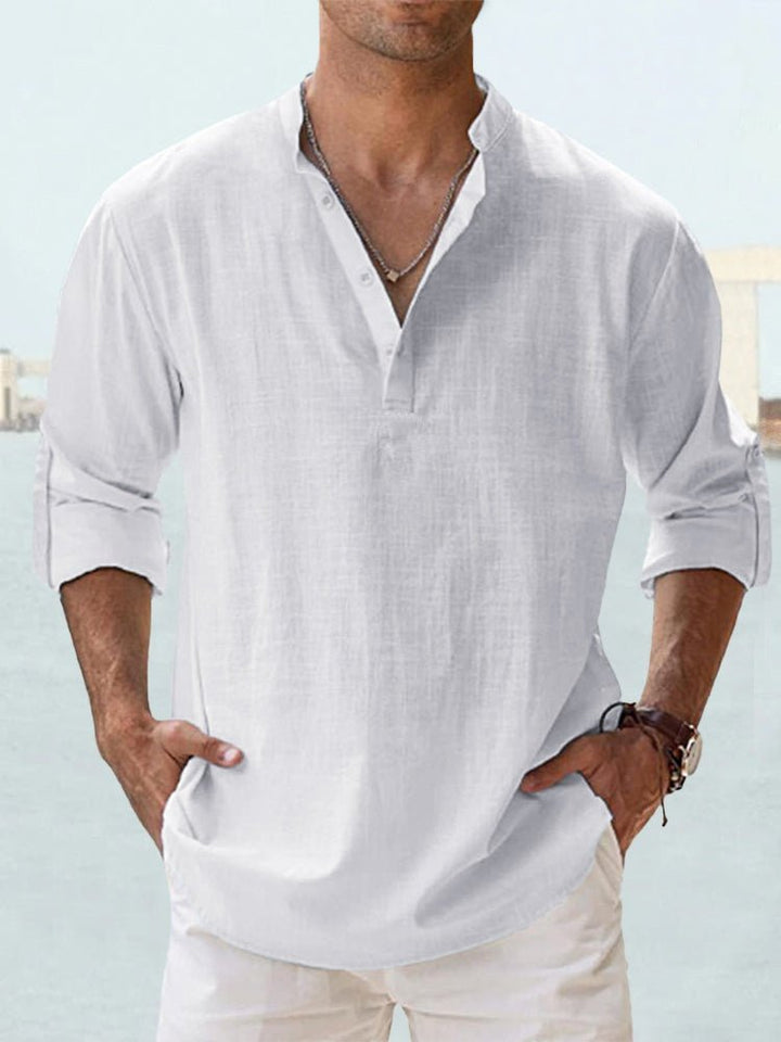 Man wearing a casual men's relaxed fit summer shirt, short sleeve, perfect for a summer day.