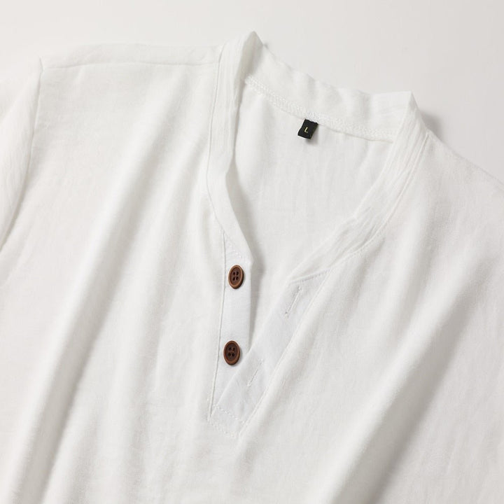 White men's relaxed fit V-neck t-shirt, short sleeve & soft fabric, essential for summer casual comfort.