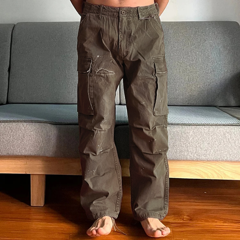 Full length view of men's relaxed fit washed chino cargo pants, showcasing casual style and everyday comfort.