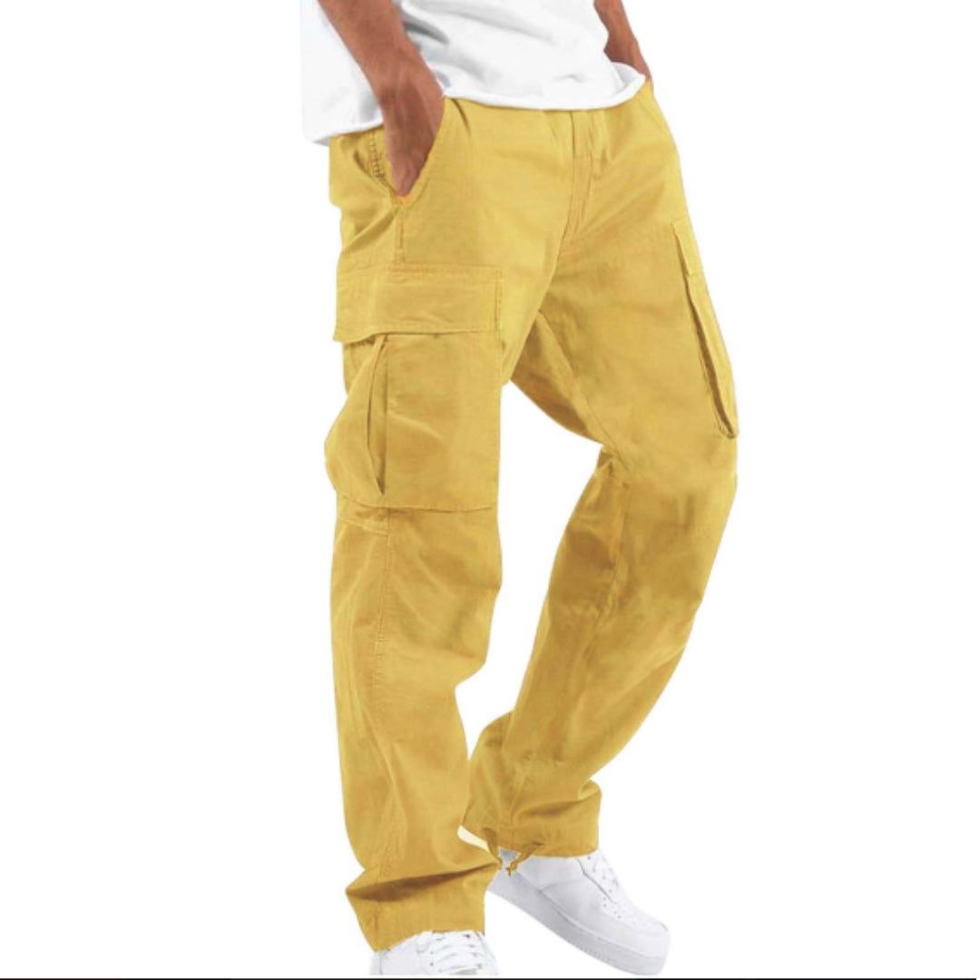 Durable men's relaxed fit wide leg cargo pants, multi-pocket design, perfect for casual outings or utility-focused wear.