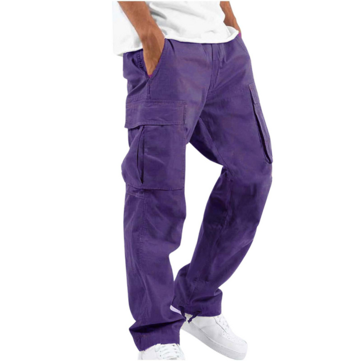 Trendy men's wide leg cargo pants, relaxed fit, featuring multiple pockets for utility & a comfortable, modern streetwear look.