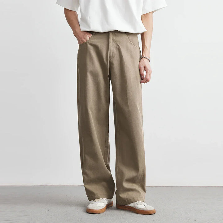 Men's relaxed fit wide leg khaki utility pants, perfect for comfortable casual everyday wear.