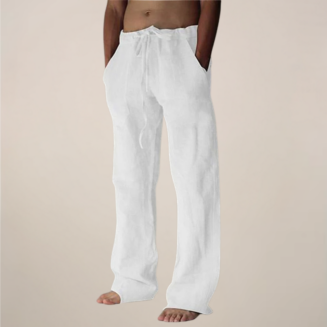Men's relaxed fit wide leg summer trousers with elastic waist for casual comfort.