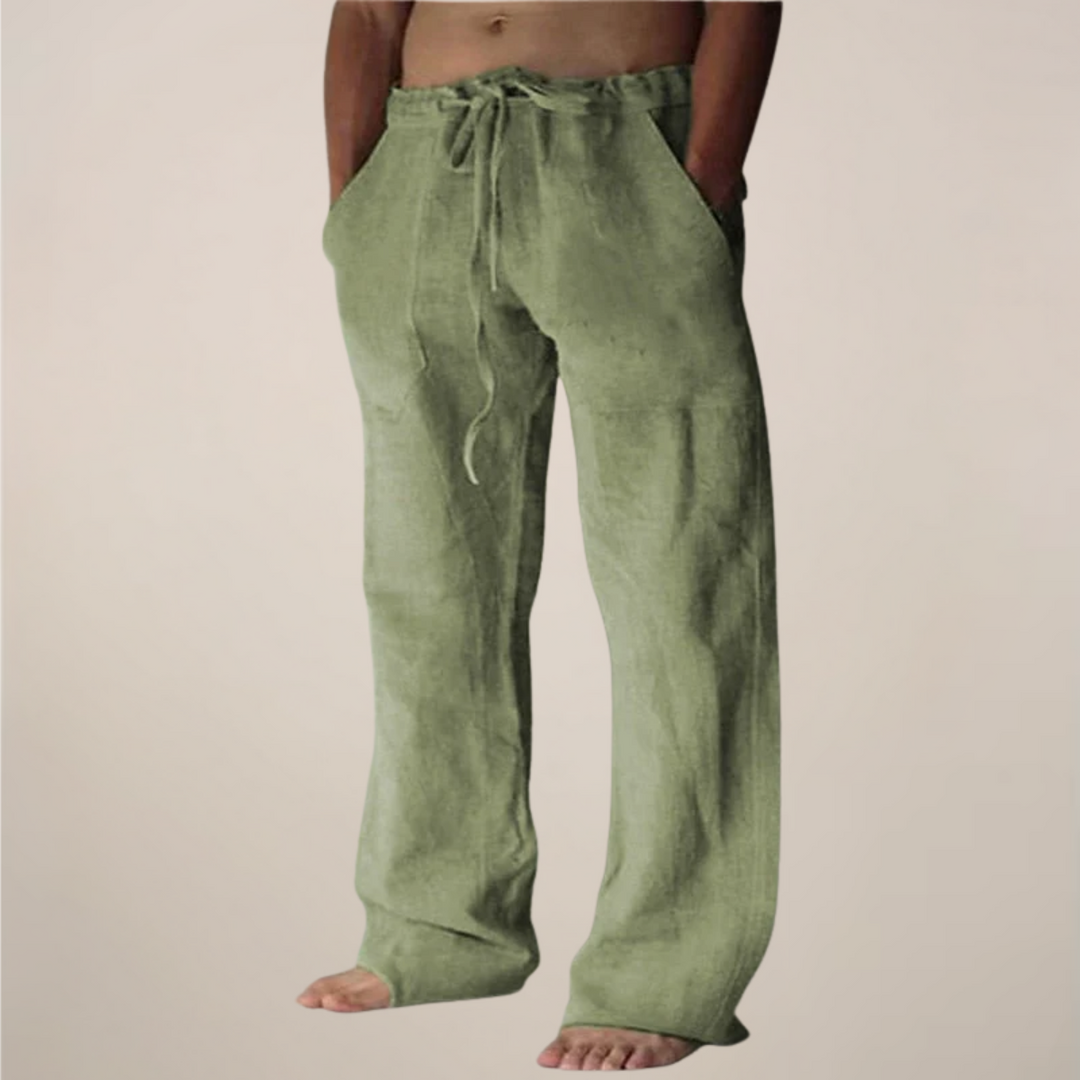 Stylish men's wide leg pants, perfect for warm weather and beachwear. Loose fit.