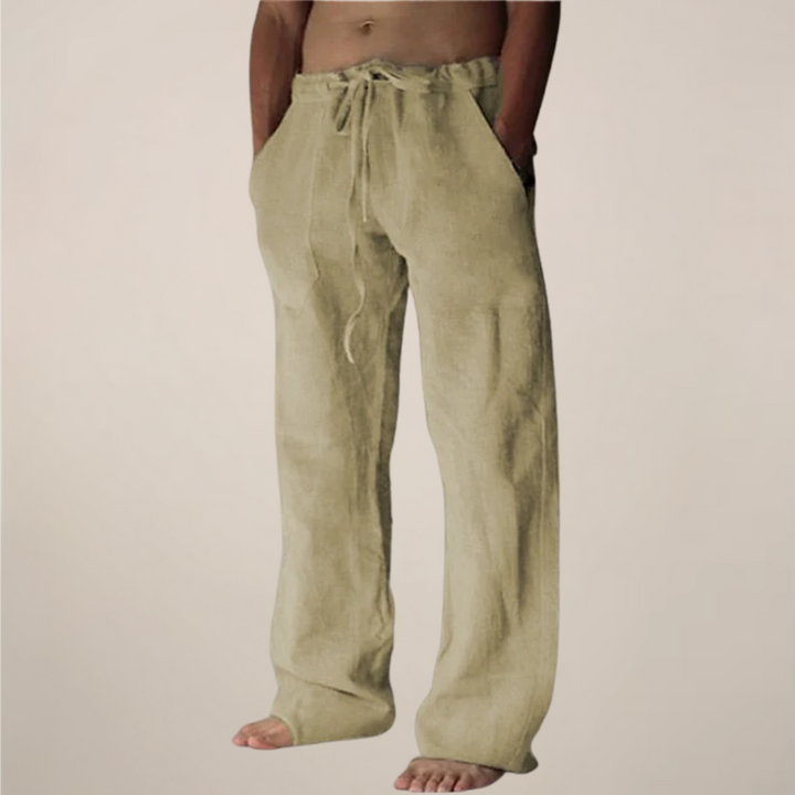 Casual men's summer trousers, relaxed wide leg with drawstring, ideal for everyday wear.