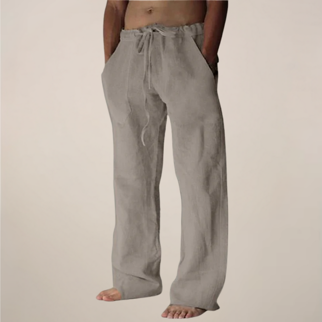Mens relaxed fit wide leg trousers, great for summer casual looks and beach outings.