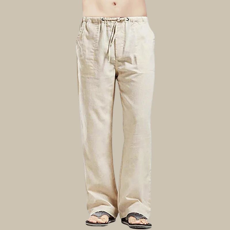 Relaxed fit men's straight-cut ankle-length summer trousers with drawstring, perfect for warm weather.