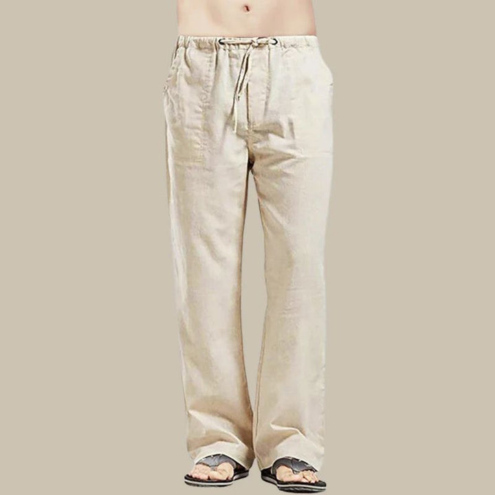 Relaxed fit men's straight-cut ankle-length summer trousers with drawstring, perfect for warm weather.