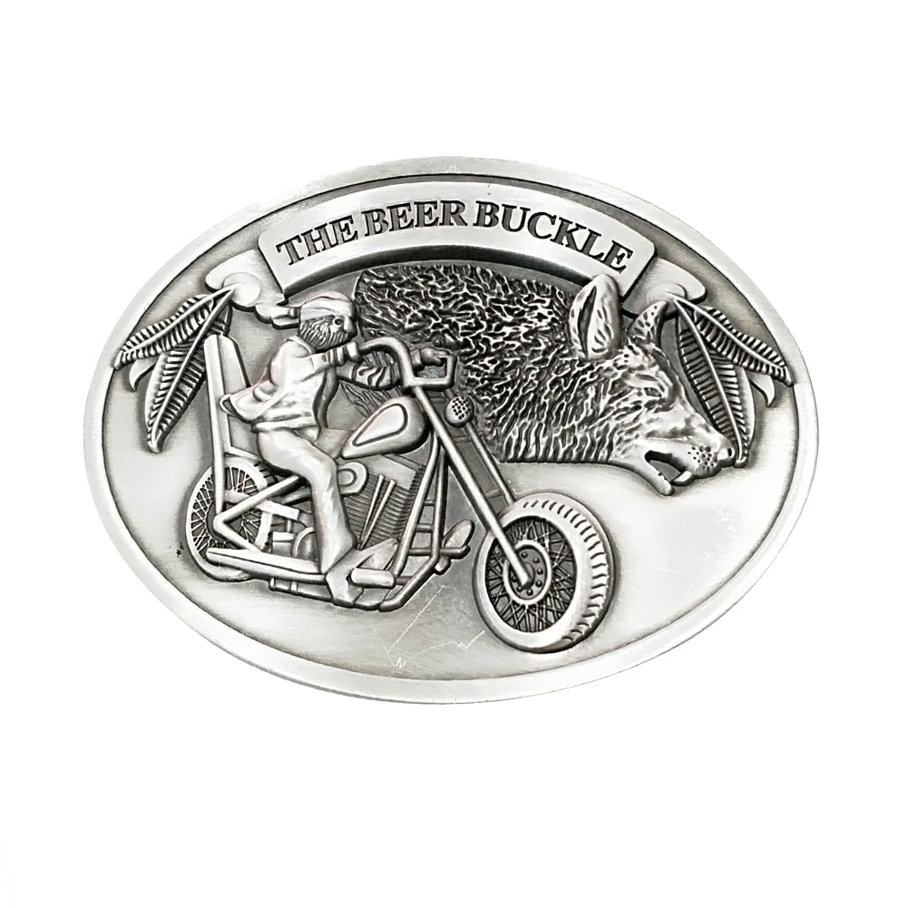 Men's retractable beer holder belt buckle in action, demonstrating hands-free drink carrying.