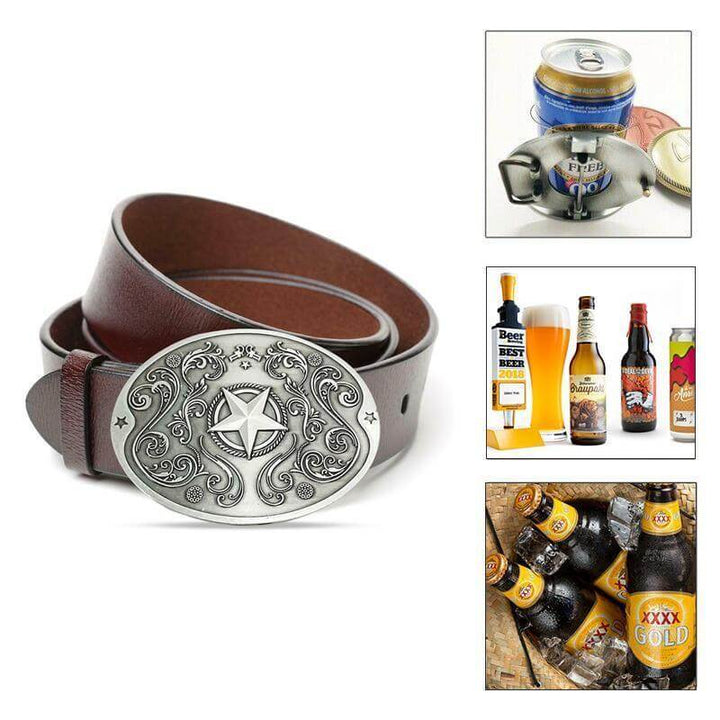 Stylish men's retractable beer holder belt buckle, a practical hands-free drink gadget for events.
