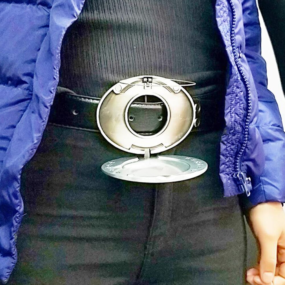 Men's party & festival retractable beer holder belt buckle, a hands-free drink carrier gadget accessory.