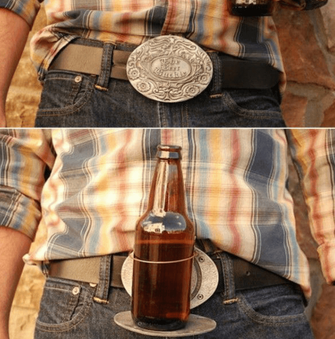 Men's retractable beer holder belt buckle, an ideal hands-free drink carrier accessory.