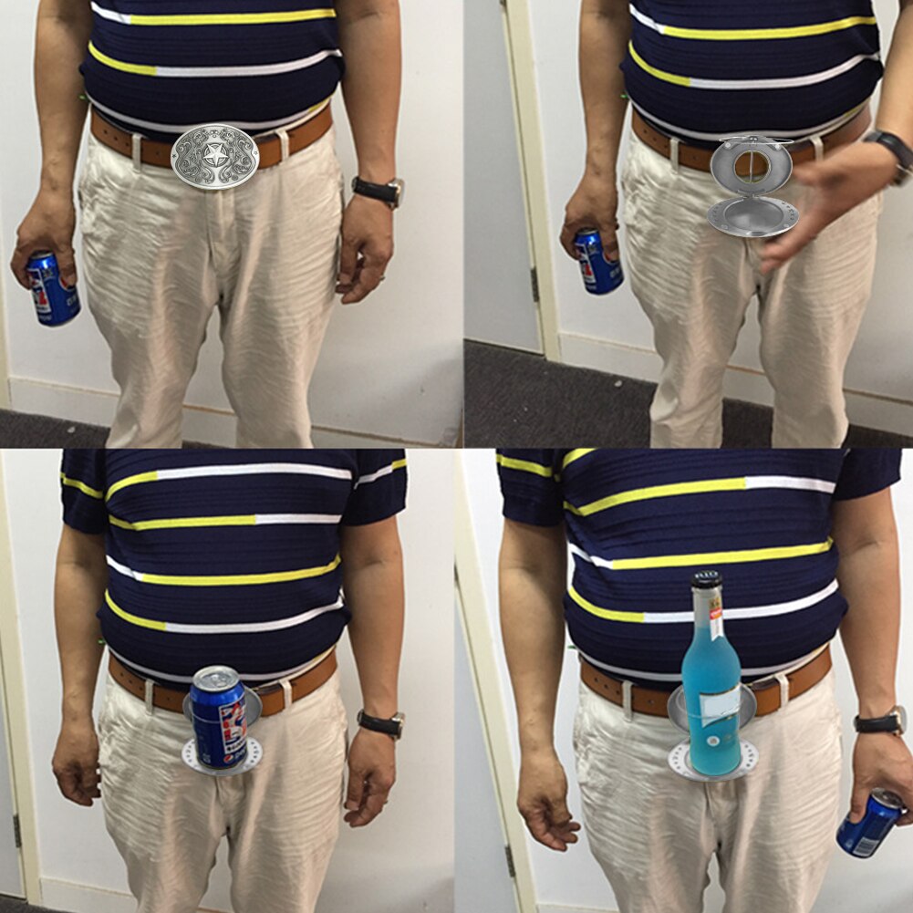 Convenient men's retractable beer holder belt buckle for effortless hands-free beer carrying.