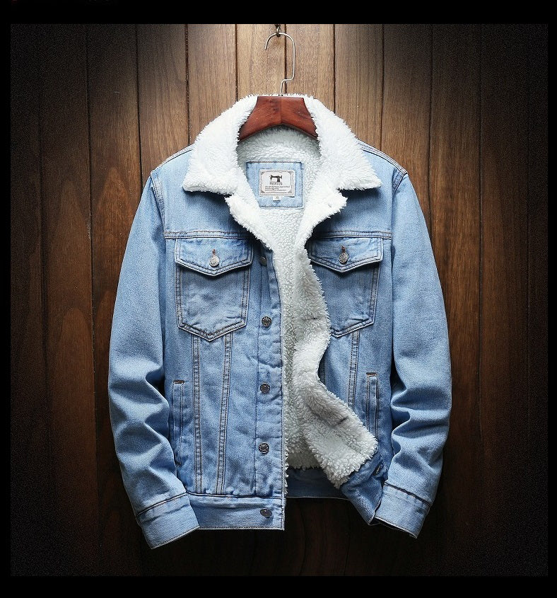 Cool men's retro denim jacket, fleece-lined for ultimate winter warmth and comfortable casual fashion.