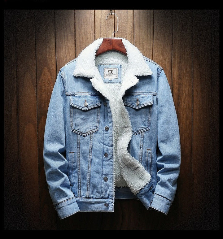 Cool men's retro denim jacket, fleece-lined for ultimate winter warmth and comfortable casual fashion.